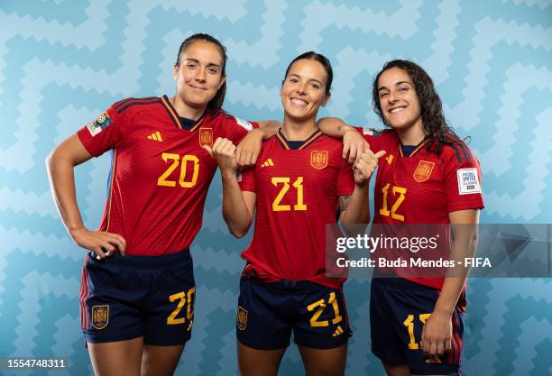 Rocio Galvez, Claudia Zornoza and Oihane Hernandez of Spain pose during the official FIFA Women's World Cup Australia & New Zealand 2023 portrait...