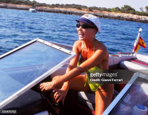The French actress and dancer Marlene Mourreau on holiday on the island of Menorca, 11th August 1998, Menorca, Balearic Islands, Spain. .
