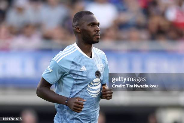 Christian Benteke of the MLS-All Stars looks on during the MLS All-Star Skills Challenge between Arsenal FC and MLS All-Stars at Audi Field on July...