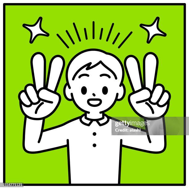 a boy shows a v sign gesture with both hands, looking at the viewer, minimalist style, black and white outline - bunny ears stock illustrations