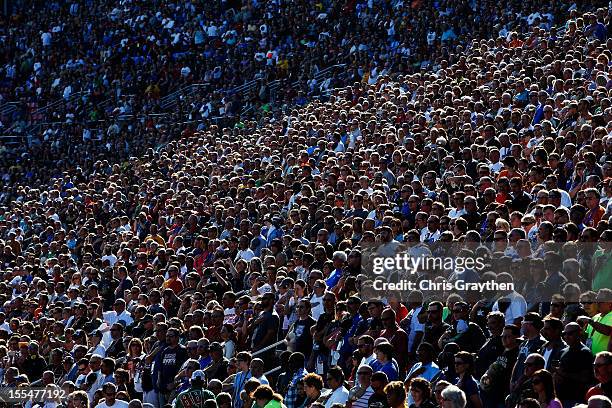 General view of the crowd during pre-race for the NASCAR Sprint Cup Series AAA Texas 500 at Texas Motor Speedway on November 4, 2012 in Fort Worth,...