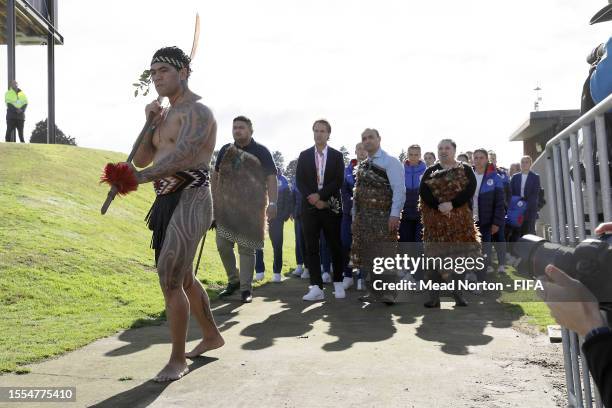 Traditional Maori Welcome Ceremony at Bay Oval in Tauranga for the Netherland's Women's World Cup Team on July 19, 2023 in Tauranga, New Zealand.