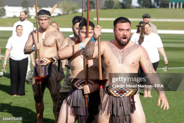 Traditional Maori Welcome Ceremony at Bay Oval in Tauranga for the Netherland's Women's World Cup Team on July 19, 2023 in Tauranga, New Zealand.