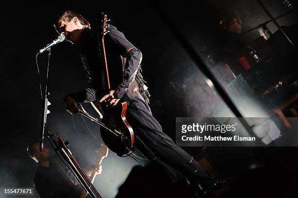 Jonsi Birgisson of the Icelandic rock band Sigur Ros performs on stage during day 5 of Iceland Airwaves Music Festival at Laugardagshollin on...