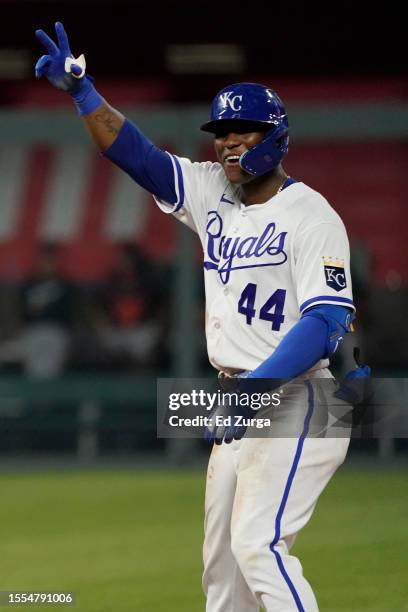 Dairon Blanco of the Kansas City Royals celebrates an RBI double in the eighth inning against the Detroit Tigers at Kauffman Stadium on July 18, 2023...