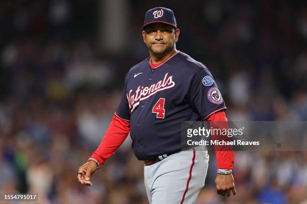 Manager Dave Martinez of the Washington Nationals reacts against the Chicago Cubs during the seventh inning at Wrigley Field on July 18, 2023 in...