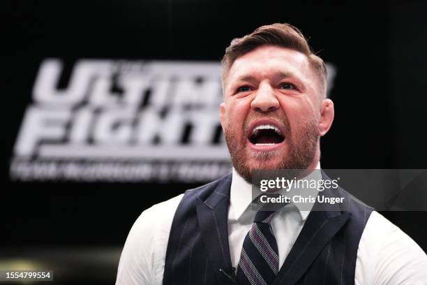 Conor McGregor yells during the filming of The Ultimate Fighter at UFC APEX on March 03, 2023 in Las Vegas, Nevada.