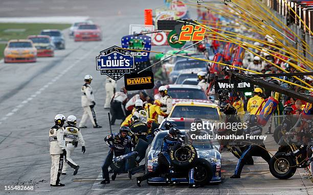 Jimmie Johnson, driver of the Lowe's Chevrolet, pits during the NASCAR Sprint Cup Series AAA Texas 500 at Texas Motor Speedway on November 4, 2012 in...