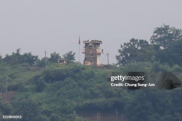 North Korean guard post is seen from South Korea near the demilitarized zone on July 19, 2023 in Paju, South Korea. A U.S. Soldier who had served in...