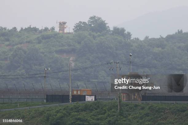 North Korean guard post is seen from South Korea near the demilitarized zone on July 19, 2023 in Paju, South Korea. A U.S. Soldier who had served in...