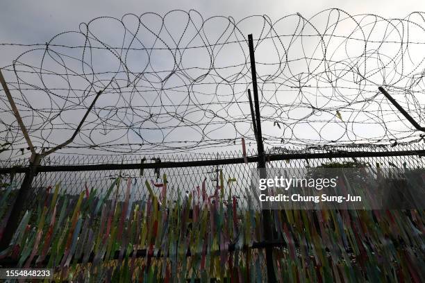 Barbed-wired fence is seen at the Imjingak Pavilion, near the demilitarized zone on July 19, 2023 in Paju, South Korea. A U.S. Soldier who had served...