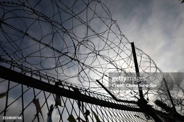 Barbed-wired fence is seen at the Imjingak Pavilion, near the demilitarized zone on July 19, 2023 in Paju, South Korea. A U.S. Soldier who had served...