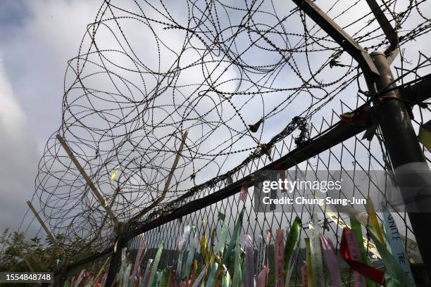 Barbed-wired fence is seen at the Imjingak Pavilion, near the demilitarized zone on July 19, 2023 in Paju, South Korea. A U.S. Soldier who had served...