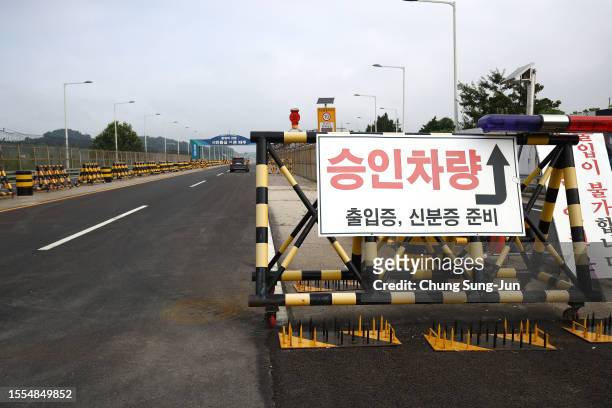 Barricades are placed near the Unification Bridge, which leads to the Panmunjom in the Demilitarized Zone on July 19, 2023 in Paju, South Korea. A...