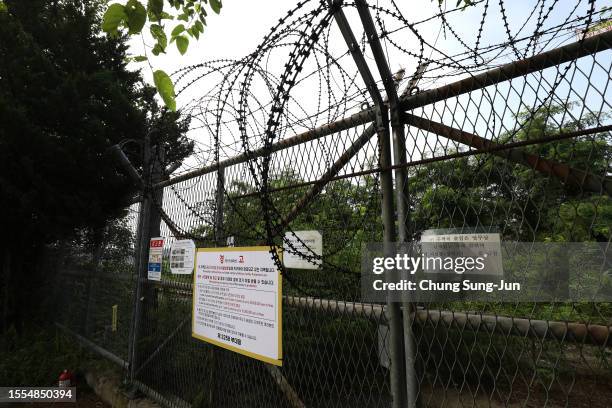 Barbed-wired fence is seen at the Imjingak Pavilion, near the demilitarized zone on July 19, 2023 in Paju, South Korea. A U.S. Soldier who had served...