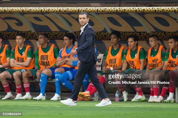 Mexico head coach Jaime Lozano observing his players during the Concacaf Gold Cup final match between Mexico and Panama at SoFi Stadium on July 16,...