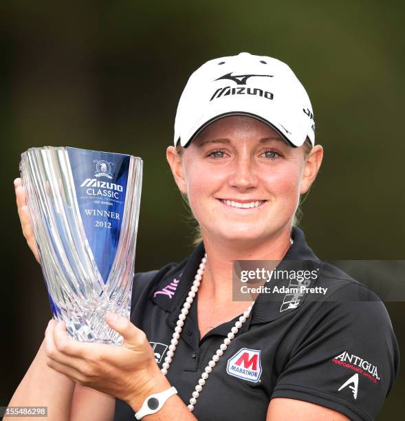 Stacy Lewis of the USA poses with the trophy after victory in the Mizuno Classic at Kintetsu Kashikojima Country Club on November 4, 2012 in Shima,...