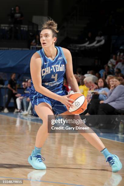 Marina Mabrey of the Chicago Sky handles the ball during the game against the Las Vegas Aces on July 25, 2023 at the Wintrust Arena in Chicago, IL....