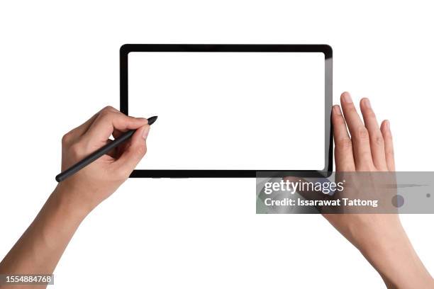 technology concept. one hand using tablet in vertical axis with black stylus or pen and free screen on white background - touchpad stockfoto's en -beelden