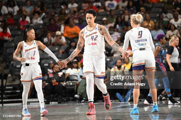 Brittney Griner of the Phoenix Mercury celebrates during the game against the Atlanta Dream on July 25, 2023 at Gateway Center Arena in College Park,...