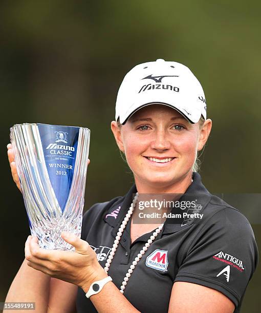 Stacy Lewis of the USA poses with the trophy after victory in the Mizuno Classic at Kintetsu Kashikojima Country Club on November 4, 2012 in Shima,...