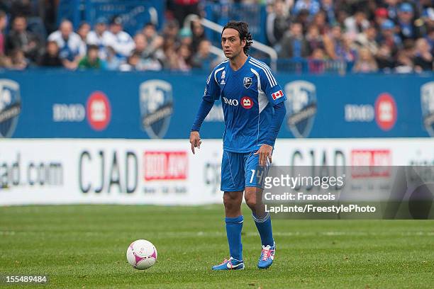 Alessandro Nesta of the Montreal Impact controls the ball against the New England Revolution during the MLS match at Saputo Stadium on October 27,...