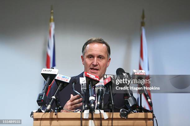 New Zealand Prime Minister John Key talks to the media at a press conference at The Beehive, New Zealand Parliament Buildings on November 5, 2012 in...