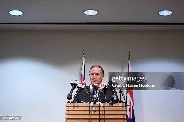 New Zealand Prime Minister John Key talks to the media at a press conference at The Beehive, New Zealand Parliament Buildings on November 5, 2012 in...