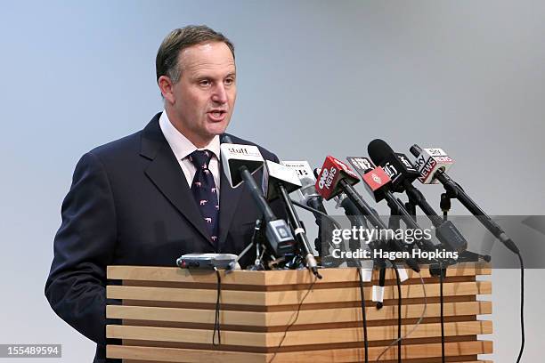 New Zealand Prime Minister John Key talks to the media at a press conference at The Beehive, New Zealand Parliament Buildings on November 5, 2012 in...