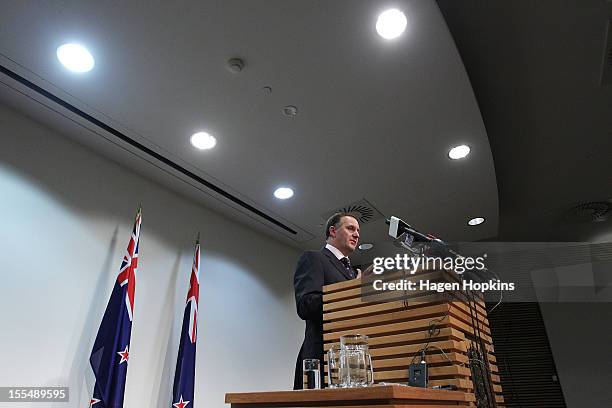 New Zealand Prime Minister John Key talks to the media at a press conference at The Beehive, New Zealand Parliament Buildings on November 5, 2012 in...