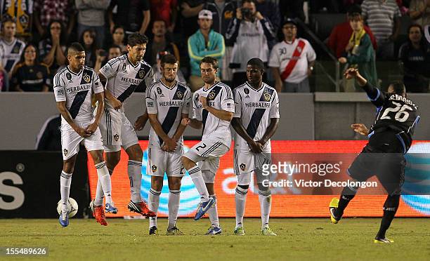 Victor Bernardez of the San Jose Earthquakes scores from the direct free kick in the 90th minute of the first leg of the MLS Western Conference...