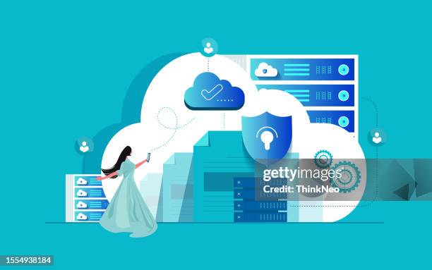 ilustraciones, imágenes clip art, dibujos animados e iconos de stock de cloud computing con mujer de negocios utiliza la tecnología en la nube para la comunicación. - transformación digital