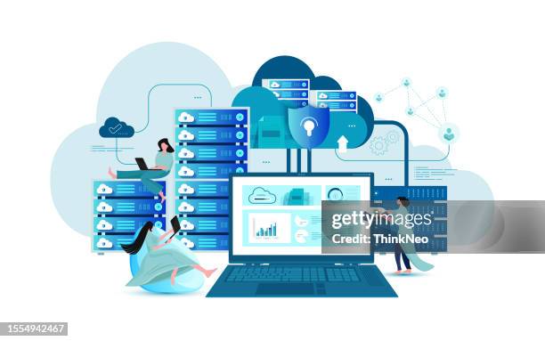 benutzer lädt inhalte aus dem speicher hoch und herunter. weiblicher charakter überträgt informationen in die datenbank - information security stock-grafiken, -clipart, -cartoons und -symbole