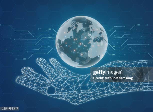 hand holding world global business icon design for futuristic technology - invention of photography is presented to the world stock pictures, royalty-free photos & images
