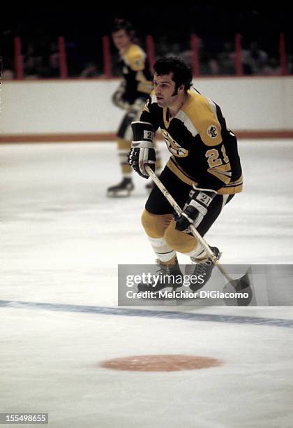 Don Marcotte of the Boston Bruins skates on the ice during an NHL game against the Philadelphia Flyers circa 1972 at the Spectrum in Philadelphia,...