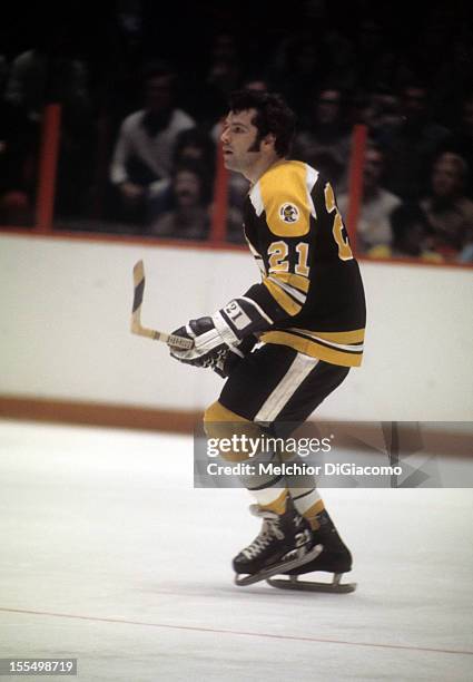 Don Marcotte of the Boston Bruins skates on the ice during an NHL game against the Philadelphia Flyers circa 1972 at the Spectrum in Philadelphia,...