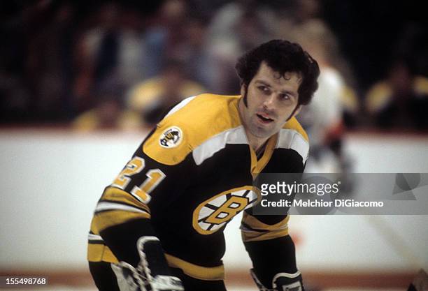 Don Marcotte of the Boston Bruins skates on the ice during an NHL game against the Philadelphia Flyers circa 1972 at the Spectrum in Philadelphia,...