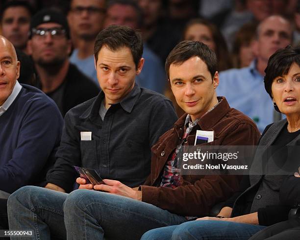 Jim Parsons and Todd Spiewak attend a basketball game between the Detroit Pistons and the Los Angeles Lakers at Staples Center on November 4, 2012 in...