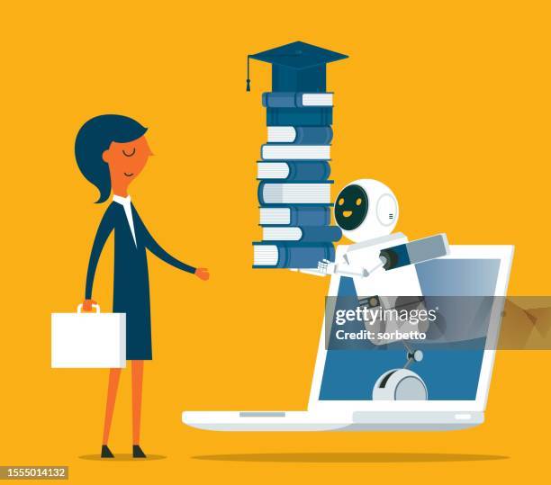 laptop - education learning process artificial intelligence - students learning computer programming stock illustrations