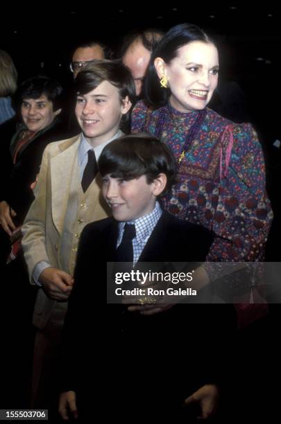 Gloria Vanderbilt and sons Carter Cooper and Anderson Cooper attend the premiere of Manhattan on April 18, 1979 at the Ziegfeld Theater in New York...