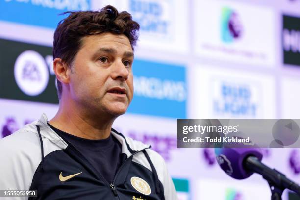 Head coach Mauricio Pochettino of the Chelsea Football Club attends a press conference at Mercedes-Benz Stadium on July 25, 2023 in Atlanta, Georgia.