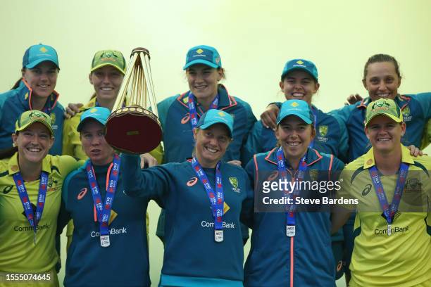 Alyssa Healy of Australia celebrates with the trophy and her team mates after they retain the Ashes after the Women's Ashes 3rd We Got Game ODI match...