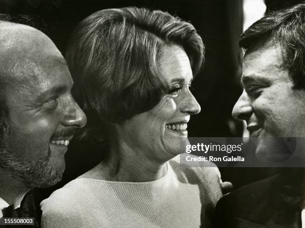 Producer Harold Prince, actress Alexis Smth and guest attend 26th Annual Tony Awards on April 23, 1972 at the Americana Hotel in New York City.