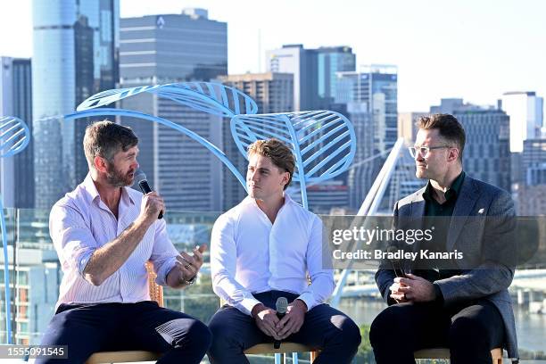 Geoff Parling, James O'Connor and James Horwill speak during the British & Irish Lions 2025 Tour of Australia Launch at Lina Rooftop on July 19, 2023...