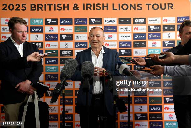 Wallabies Coach Eddie Jones speaks during the British & Irish Lions 2025 Tour of Australia Launch at Lina Rooftop on July 19, 2023 in Brisbane,...