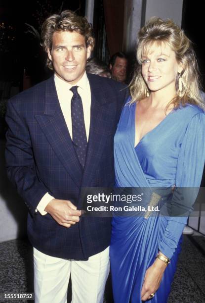Actor Ted McGinley and actress Shawn Weatherly attend the wrap party for Dynasty on April 20, 1986 at Bruno's Restaurant in Los Angeles, California.