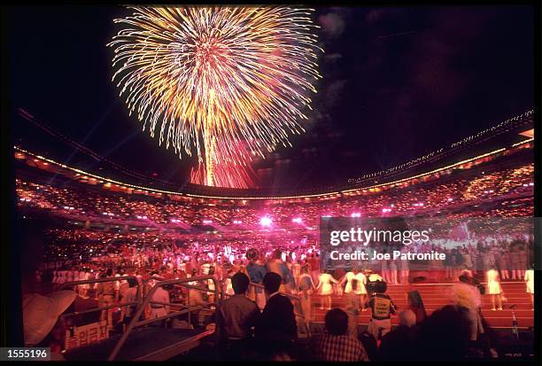 FIREWORKS EXPLODE ABOVE THE STADIUM DURING THE FINALE OF THE CLOSING CEREMONY OF THE 1988 SEOUL OLYMPICS.