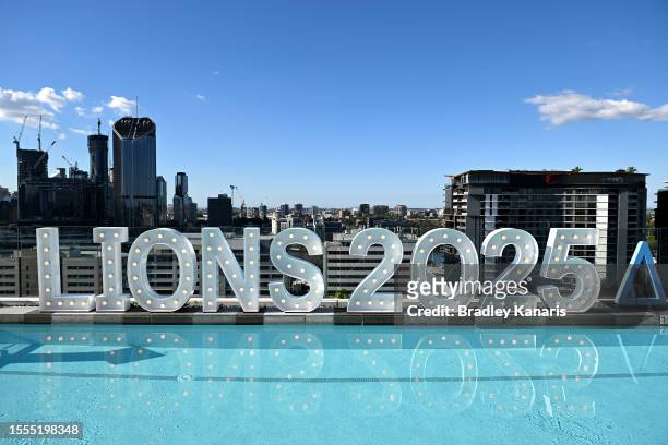 Signage is seen lit up during the British & Irish Lions 2025 Tour of Australia Launch at Lina Rooftop on July 19, 2023 in Brisbane, Australia.