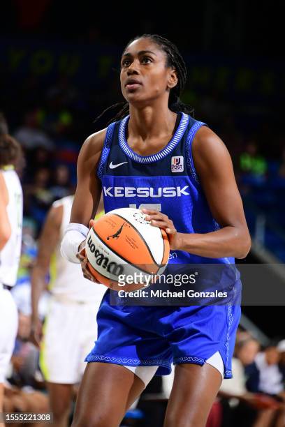 Tiffany Hayes of the Connecticut Sun shoots a free throw during the game against the Dallas Wings on July 25, 2023 at the College Park Center in...