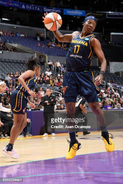 Erica Wheeler of the Indiana Fever rebounds the ball during the game against the Los Angeles Sparks on July 25, 2023 at Crypto.com Arena in Los...